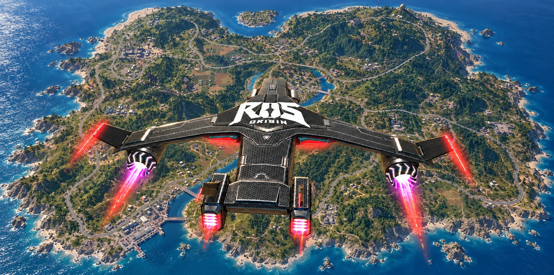 The ROS: Origin dropship flying over the island